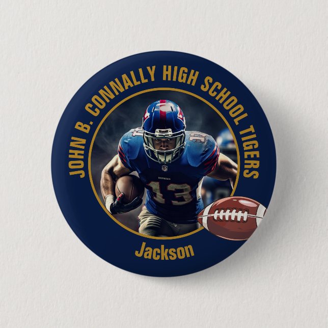 Navy Blue Gold High School Football Player Photo Button (Front)