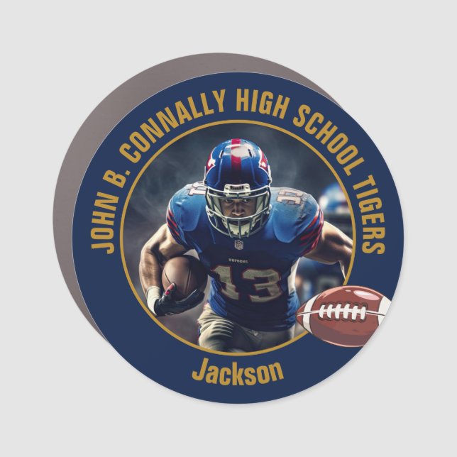Navy Blue Gold High School Football Player Photo Car Magnet (Front)