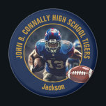 Navy Blue Gold High School Football Player Photo Magnet<br><div class="desc">This cool customized high school football player photo spirit magnet in navy blue features gold typography of your team and player name. Personalize with your athlete name next to the ball.</div>