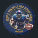 Navy Blue Gold High School Football Player Photo Magnet<br><div class="desc">This cool customized high school football player photo spirit magnet in navy blue features gold typography of your team and player name. Personalize with your athlete name next to the ball.</div>