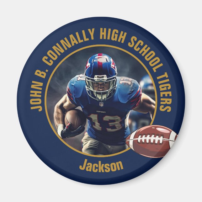 Navy Blue Gold High School Football Player Photo Magnet (Front)