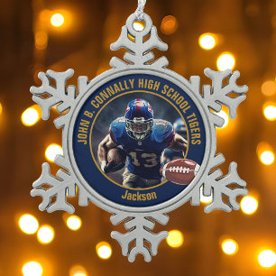 Navy Blue Gold High School Football Player Photo Snowflake Pewter Christmas Ornament