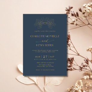 Navy Blue Gold Holly Tree Leaves Luxury Wedding Invitation