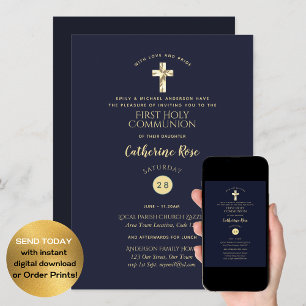 Navy Blue Gold Holy Communion Baptism Confirmation Invitation