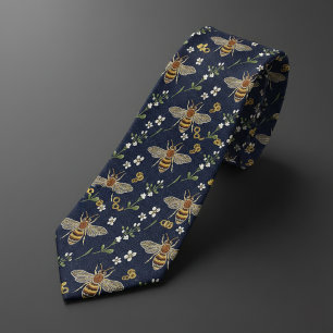 Navy Blue & Gold Honey Bee Floral Neck Tie