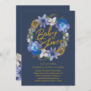 Navy Blue Gold Hydrangeas Floral Baby Shower Invitation