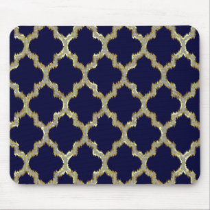 Navy Blue & Gold Ikat Tribal Geometric Pattern Mouse Pad