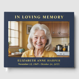 Navy Blue Gold In Loving Memory Photo Memorial Foil Guest Book