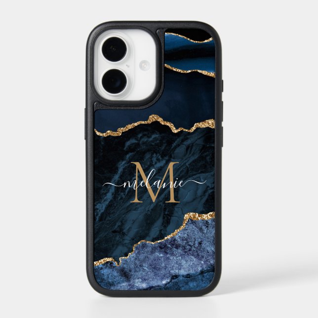 Navy Blue Gold iPhone Case Personalize Name Letter (Back)