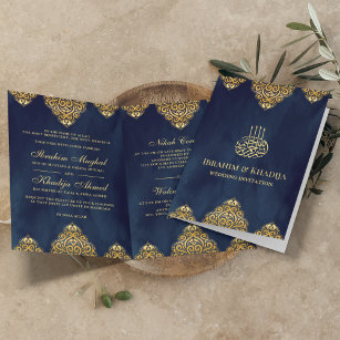 Navy Blue Gold Islamic Motif Muslim Wedding Invitation
