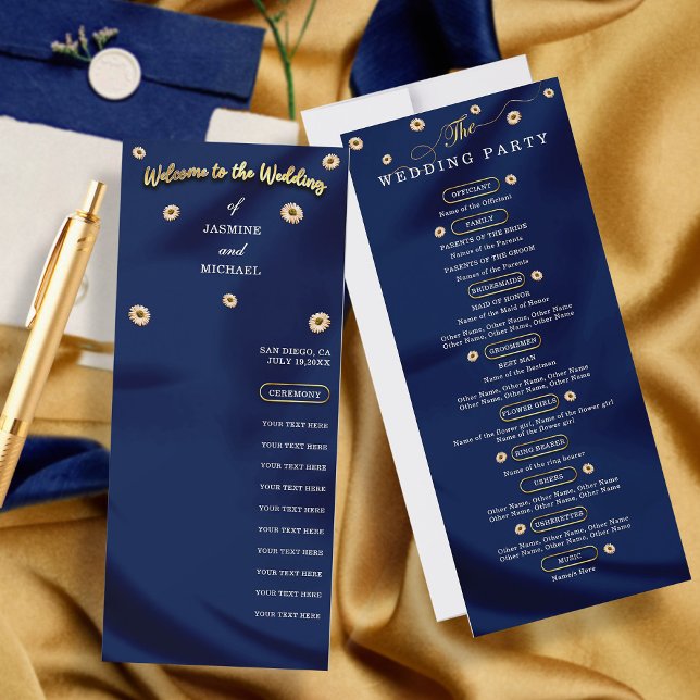 Navy Blue Gold Ivory Beige Floral Wedding Program  (Creator Uploaded)