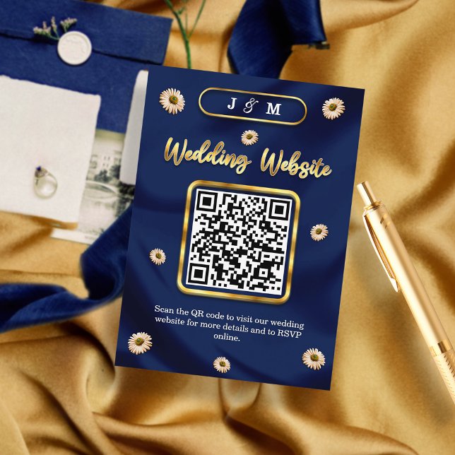 Navy Blue Gold Ivory Beige QR Code Wedding Website Enclosure Card (Creator Uploaded)