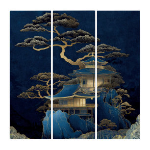 Navy Blue& Gold Japanese Pagoda Landscape Kintsugi Triptych