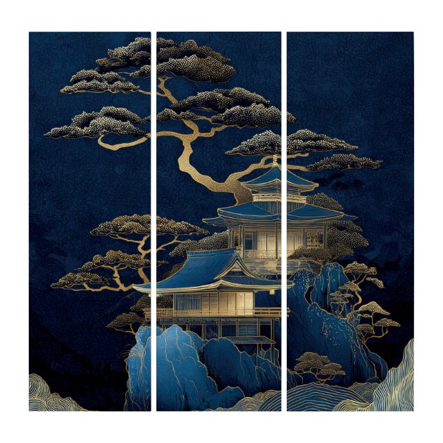 Navy Blue& Gold Japanese Pagoda Landscape Kintsugi Triptych (Front)
