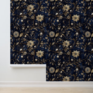 Navy Blue Gold Jewel Floral Wallpaper