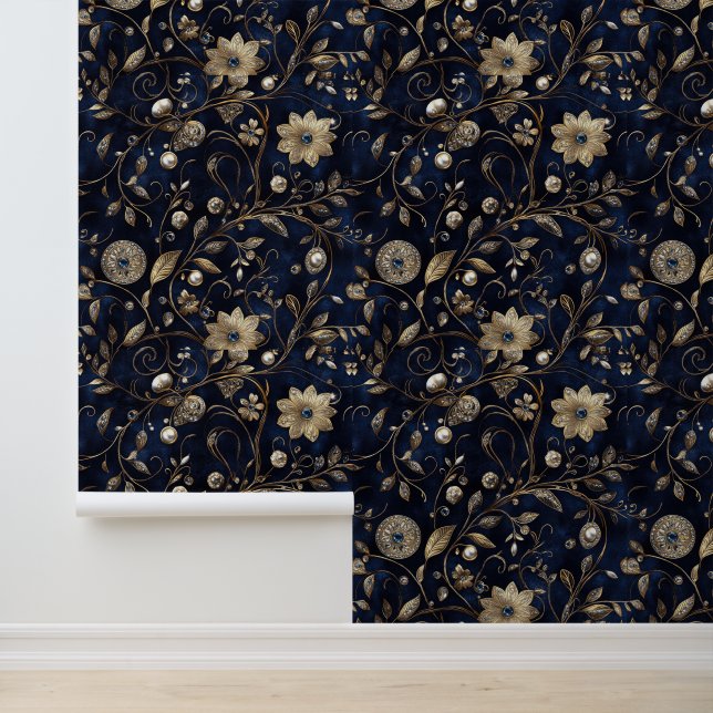 Navy Blue Gold Jewel Floral Wallpaper (Application)