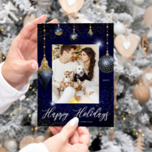 Navy Blue Gold Jewel Ornament Photo Holiday Card