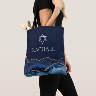 Navy Blue Gold Jewish Bat Mitzvah Custom Tote Bag