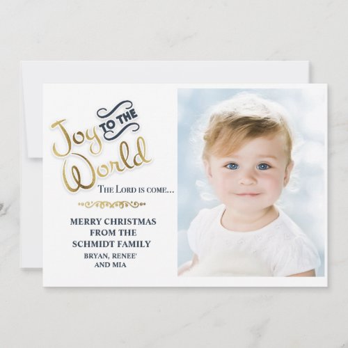 Navy Blue Gold Joy World Photo Christian Christmas Holiday Card