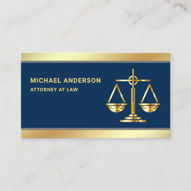 Navy Blue Gold Justice Scale Lawyer Attorney Business Card | Zazzle