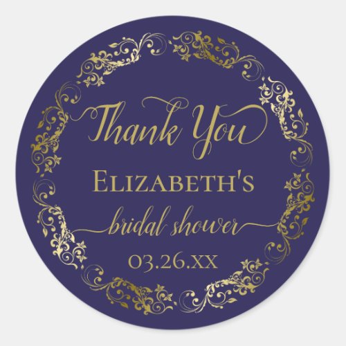 Navy Blue  Gold Lace Chic Bridal Shower Thank You Classic Round Sticker