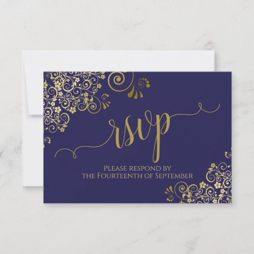 Navy Blue  Gold Lace Elegant Calligraphy Wedding RSVP Card