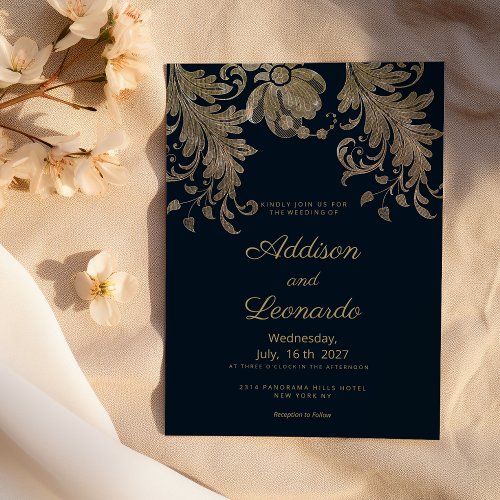 Navy blue gold lace floral luxury wedding invitation