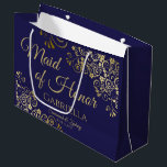 Navy Blue & Gold Lace Maid of Honor Wedding Large Gift Bag<br><div class="desc">This beautiful gift bag is designed as a wedding gift or favor bag for the Maid of Honor. It features a beautiful navy blue background with golden faux foil lace curls and swirls in the corners. The gold script lettering reads "Maid of Honor" with a place to enter her name,...</div>