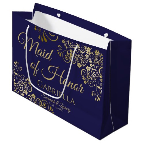 Navy Blue  Gold Lace Maid of Honor Wedding Large Gift Bag