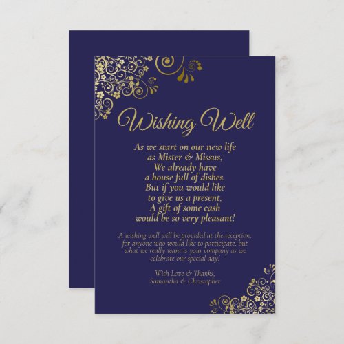 Navy Blue  Gold Lace Wedding Wishing Well Poem Enclosure Card
