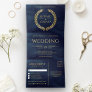 Navy Blue Gold Laurel Minimal All in One Wedding Tri-Fold Invitation