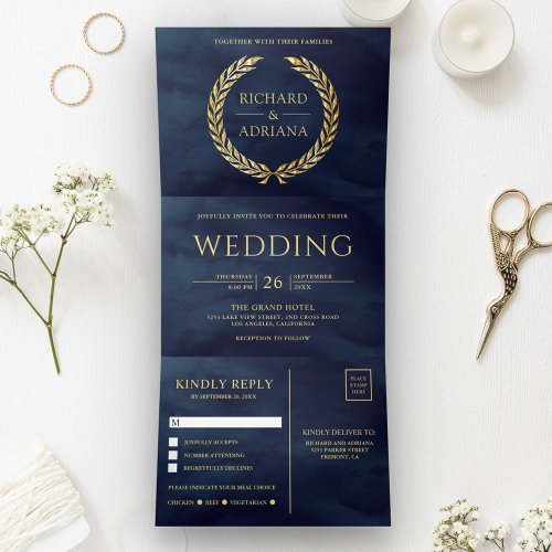 Navy Blue Gold Laurel Minimal All in One Wedding Tri_Fold Invitation