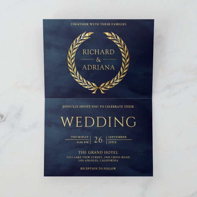 Navy Blue Gold Laurel Minimal QR Code Wedding Invitation (Inside)