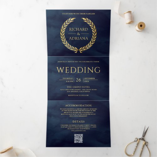 Navy Blue Gold Laurel Minimal QR Code Wedding Tri-Fold Invitation