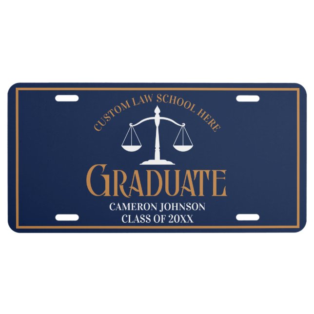 Navy Blue Gold Law School Graduate License Plate (Front)
