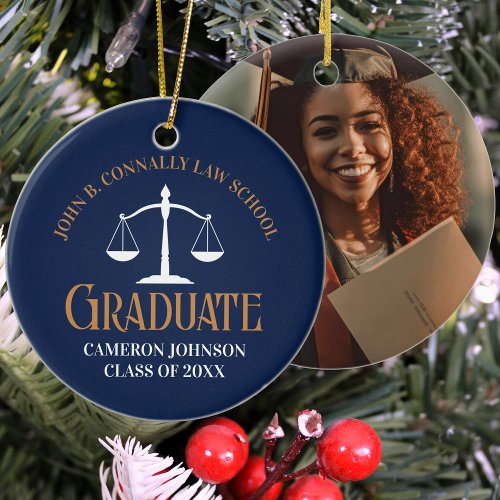 Navy Blue Gold Law School Graduation Christmas Ceramic Ornament