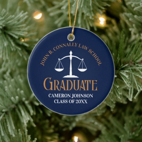 Navy Blue Gold Law School Graduation Christmas Ceramic Ornament
