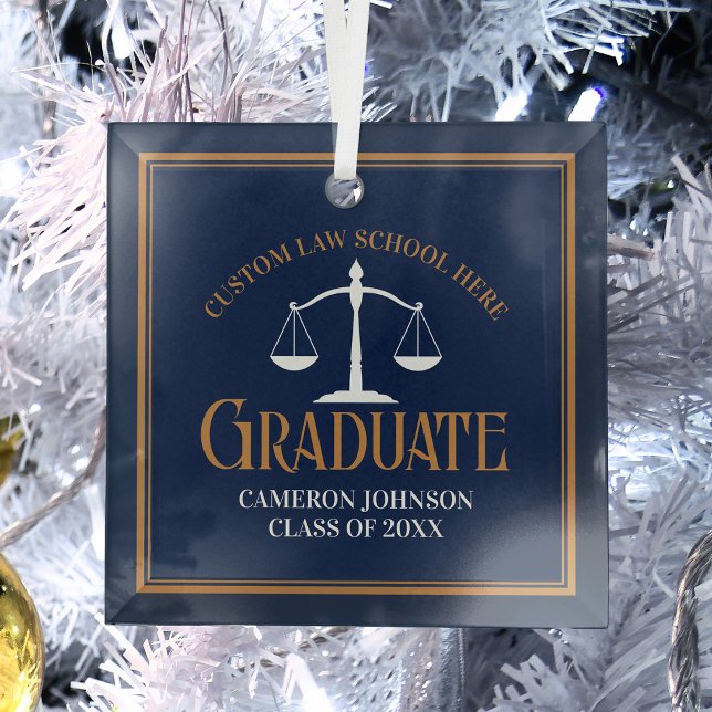 Navy Blue Gold Law School Graduation Christmas Glass Ornament (Creator Uploaded)