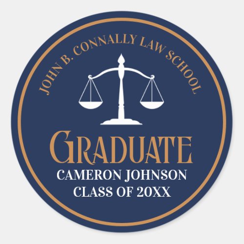 Navy Blue Gold Law School Graduation Party Classic Round Sticker