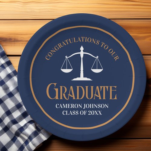 Navy Blue Gold Law School Graduation Party Paper Plates