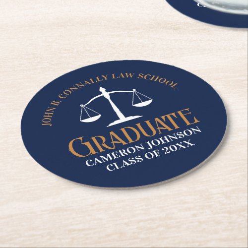 Navy Blue Gold Law School Graduation Party Round Paper Coaster