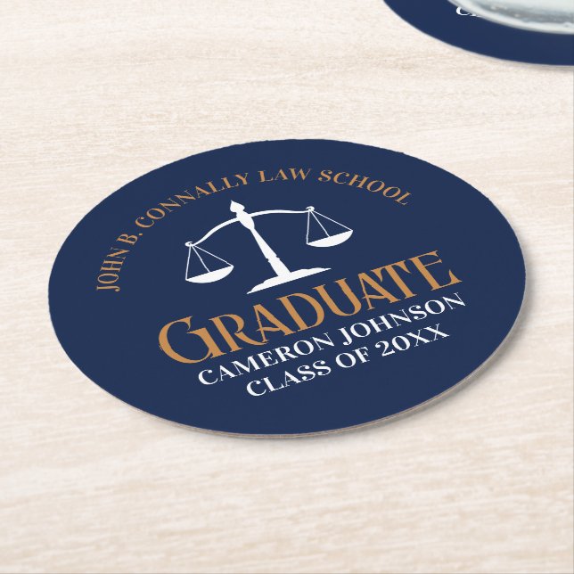 Navy Blue Gold Law School Graduation Party Round Paper Coaster (Angled)