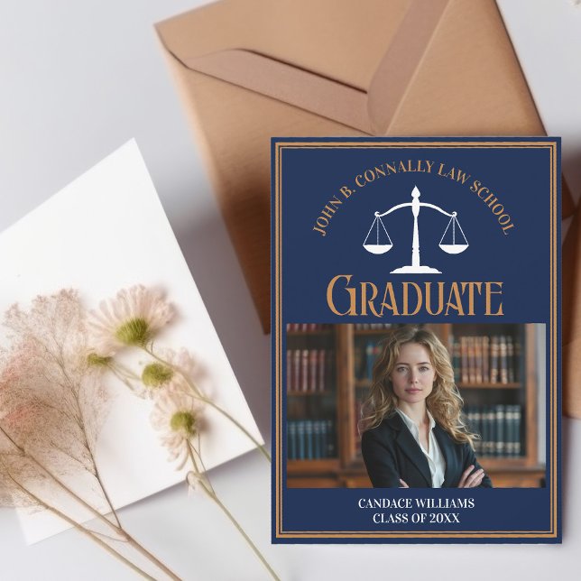 Navy Blue Gold Law School Graduation Photo Announcement (Creator Uploaded)