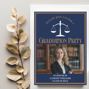 Navy Blue Gold Law School Graduation Photo Party Invitation