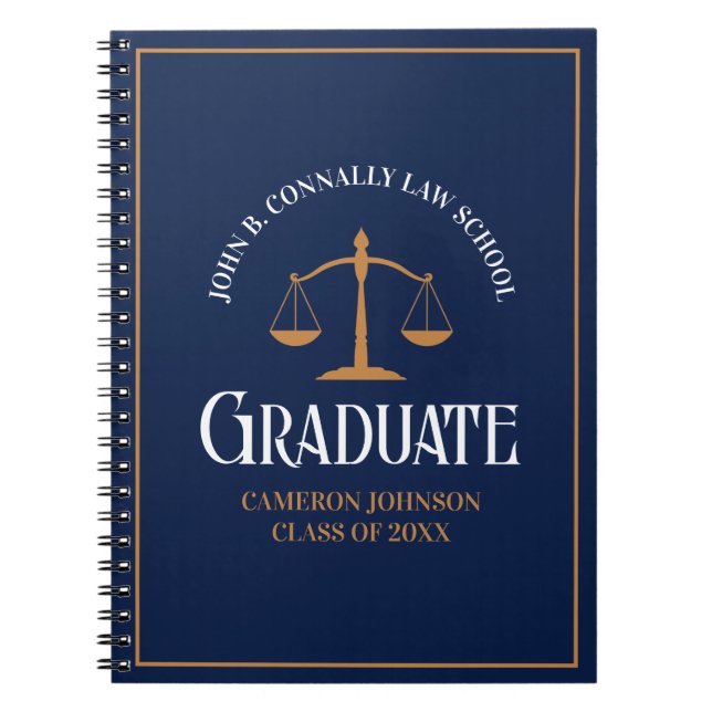 Navy Blue Gold Law School Personalized Graduation Notebook (Front)