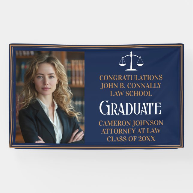 Navy Blue Gold Law School Photo Graduation Party Banner (Horizontal)