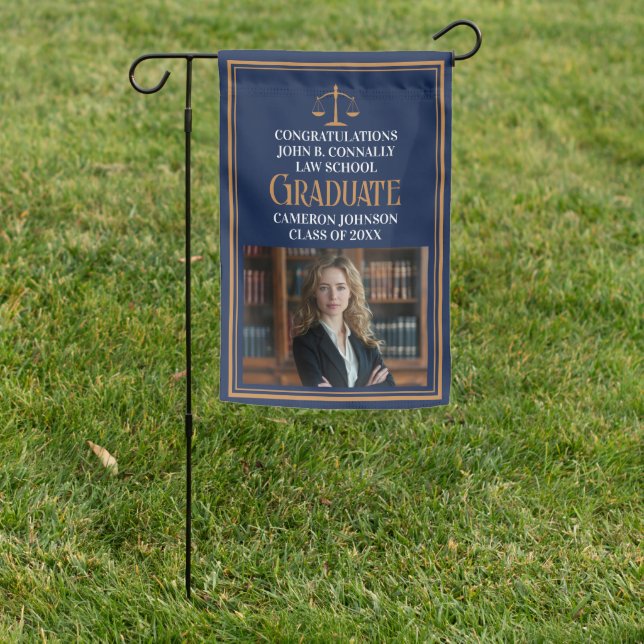 Navy Blue Gold Law School Photo Graduation Party Garden Flag (In SItu)