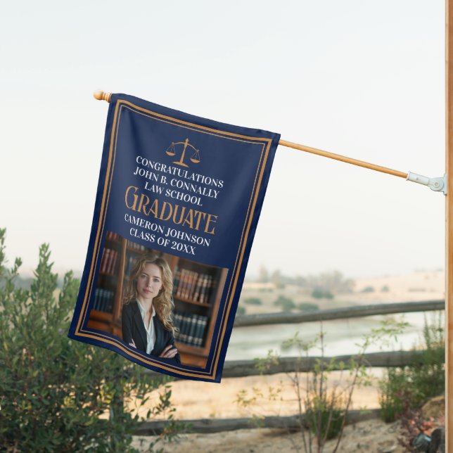 Navy Blue Gold Law School Photo Graduation Party House Flag (Insitu (Back))
