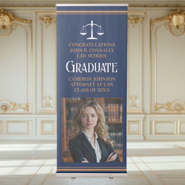 Navy Blue Gold Law School Photo Graduation Party Retractable Banner (Creator Uploaded)