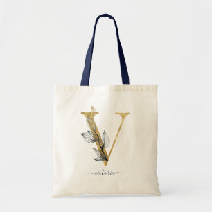 Navy Blue Gold Leaf Modern Monogram Letter "V" Tote Bag